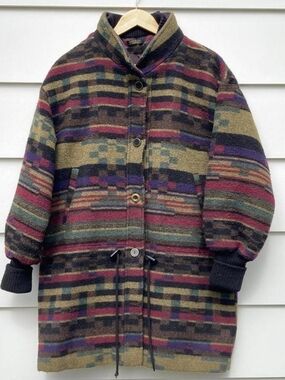 Vintage Southwestern Aztec Patterned Wool Blend Button Front Coat